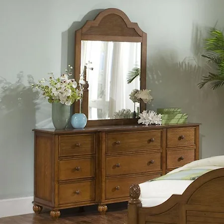 Tropical Dresser and Mirror with Nine Drawers and Wood Slat Detailing